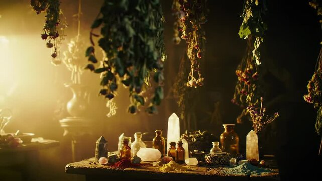 Mystical witch apothecary table with crystals, potion bottles, herbs and magical ingredients in warm candlelit room. enchanted herbal witchcraft, magic potion preparation, fantasy occult interior