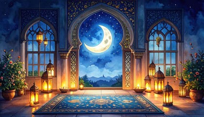 Moorish arches frame moonlit night sky, lanterns glow on a rug