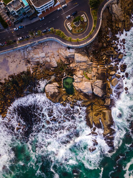 Aerial view of Saunders Rock tidal pool in summer at Bantry Bay, Atlantic Seaboard, Cape Town, South Africa.