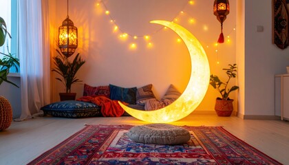 Cozy room with crescent moon, lanterns, and colorful rug creating a warm atmosphere