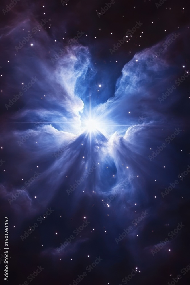 Poster ethereal nebula shines in deep space vertical composition featuring starburst and cosmic clouds astr
