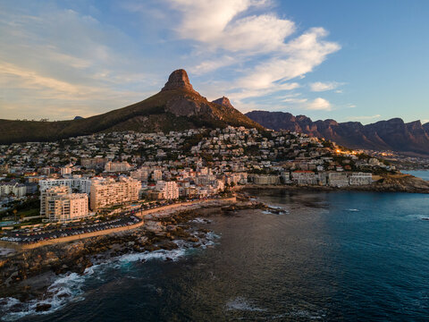 Aerial view of Atlantic Seaboard sunset with Lion&rsquo;s Head Mountain, Bantry Bay and Sea Point from Atlantic Ocean, Cape Town, South Africa.