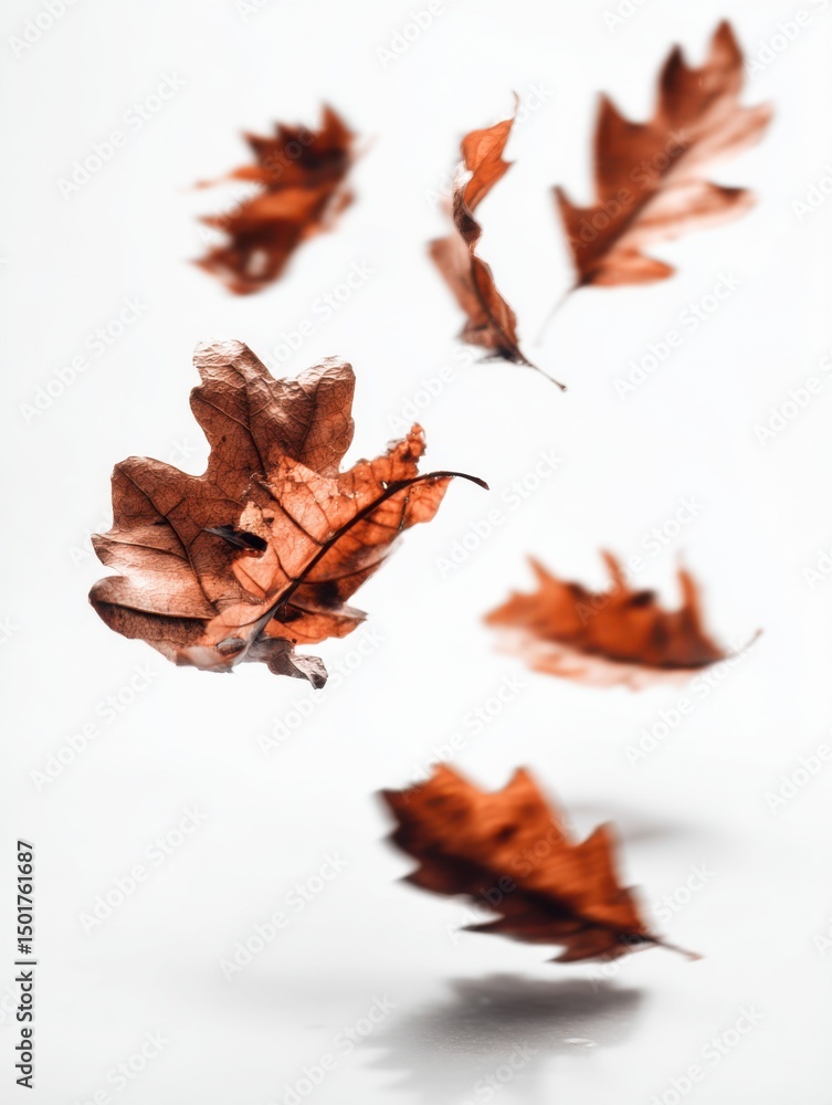 Poster autumn oak leaves falling in studio shot on white background with shallow depth of field and soft li