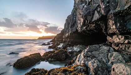 Rocky coastline meets the sea at sunset, cave at the edge