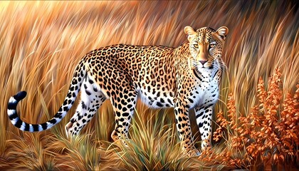 The majestic leopard stands alert in the tall golden grass of the savannah, with bright spotted fur and a piercing gaze . 