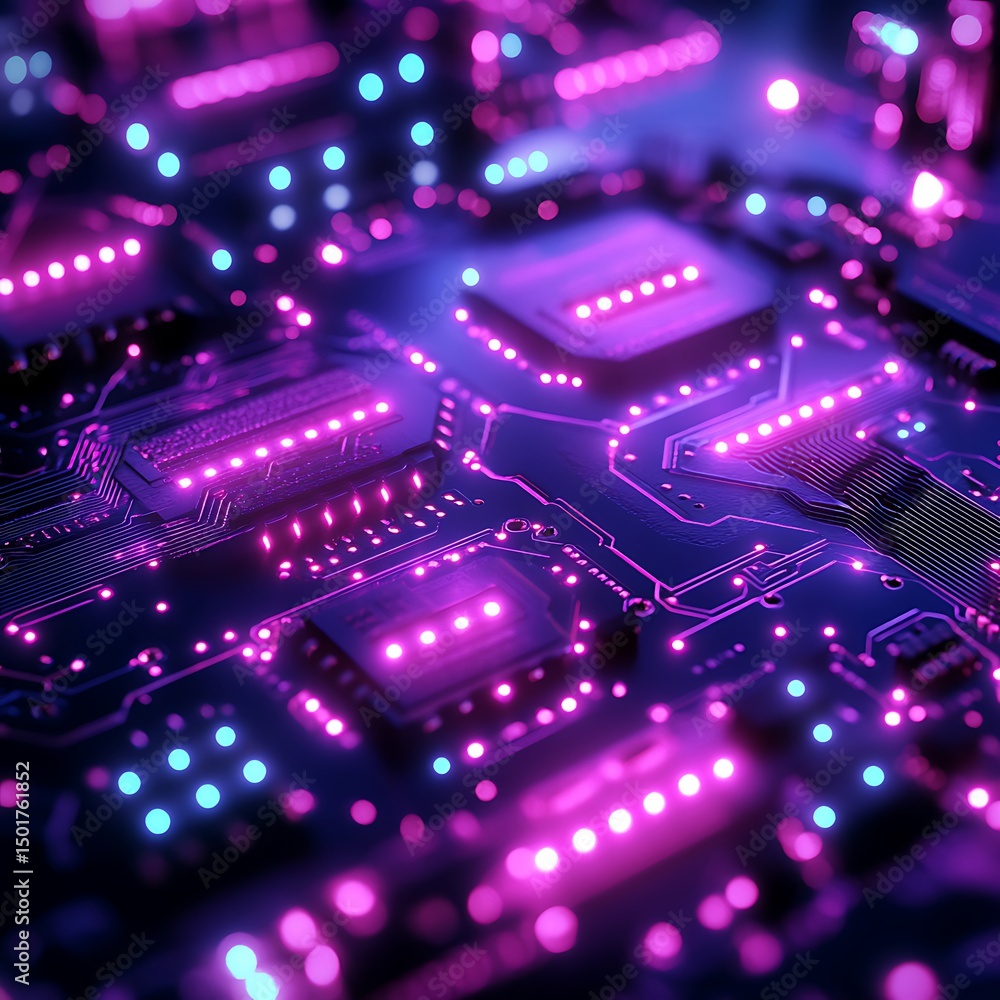 Poster illuminated high resolution photo of a modern computer circuit board with digital connections