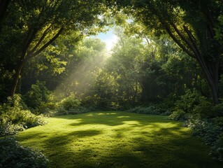 Obraz premium Serene sunlit clearing forest nature scene tranquil environment low angle view peaceful concept for relaxation