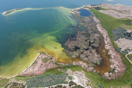 Aerial view of Lake Sevan, an high altitude lake in Norashen, Gegharkunik Province, Armenia.