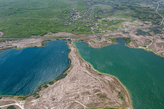 Aerial view of Lake Sevan, an high altitude lake in Norashen, Gegharkunik Province, Armenia.