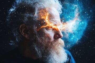 Fototapeta premium Cosmic reflection a man contemplating the universe surreal imagery digital art deep space profile view