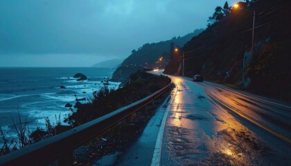 Coastal highway curving along a dark, rainy night, lit by streetlights