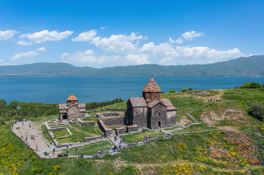 Aerial view of Sevanavank Monastery, an historic monastery complex with lake view, Sevan Lake, Gegharkunik Province, Armenia.