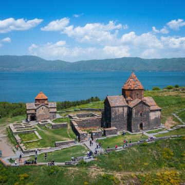 Aerial view of Sevanavank Monastery, an historic monastery complex with lake view, Sevan Lake, Gegharkunik Province, Armenia.