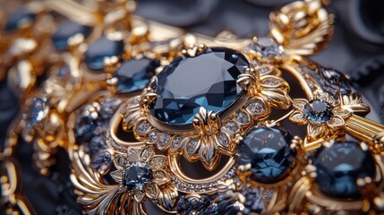 Elegant jewelry showcase featuring exquisite blue gemstones in opulent golden setting macro focus luxury aesthetic