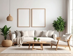 Bright living room with modern furniture two blank frames and indoor plants