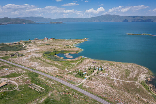 Aerial view of Lake Sevan, an high altitude lake in Norashen, Gegharkunik Province, Armenia.