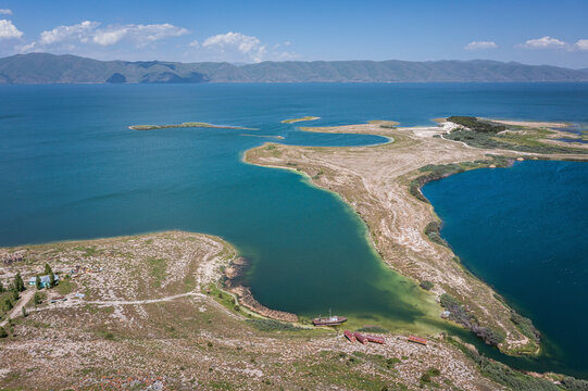 Aerial view of Lake Sevan, an high altitude lake in Norashen, Gegharkunik Province, Armenia.