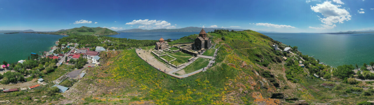 Aerial view of Sevanavank Monastery, an historic monastery complex with lake view, Sevan Lake, Gegharkunik Province, Armenia.