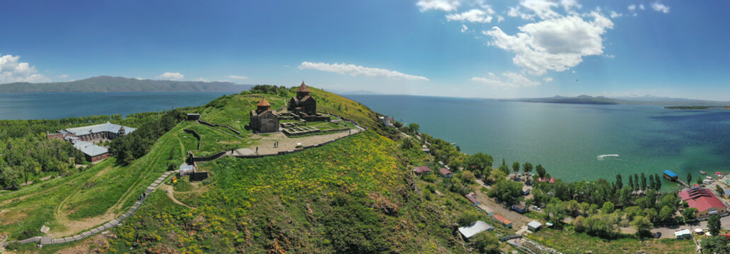 Aerial view of Sevanavank Monastery, an historic monastery complex with lake view, Sevan Lake, Gegharkunik Province, Armenia.