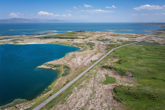 Aerial view of Lake Sevan, an high altitude lake in Norashen, Gegharkunik Province, Armenia.