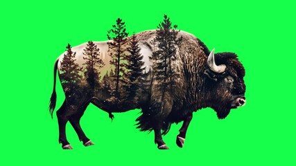 Bison and forest double exposure element animation, transparent 4K video, green screen - Powered by Adobe