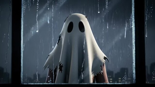 Cartoon ghost standing in front of rainy window with lightning strikes in dark night. Concept of haunted house, Halloween spirit, spooky weather, creepy atmosphere, scary character