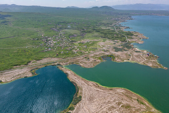 Aerial view of Lake Sevan, an high altitude lake in Norashen, Gegharkunik Province, Armenia.