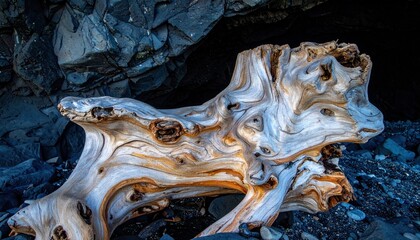 Weathered driftwood stump on a rocky beach, near a dark cave entrance