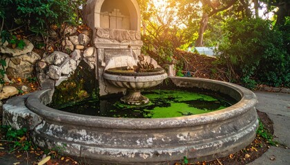Weathered stone fountain in a garden setting, water algae-filled