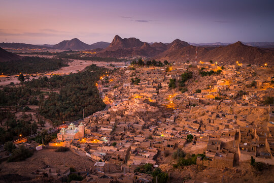 Aerial View of Djanet, an oasis city, and capital of Djanet District as well as of Djanet Province, southeast Algeria.