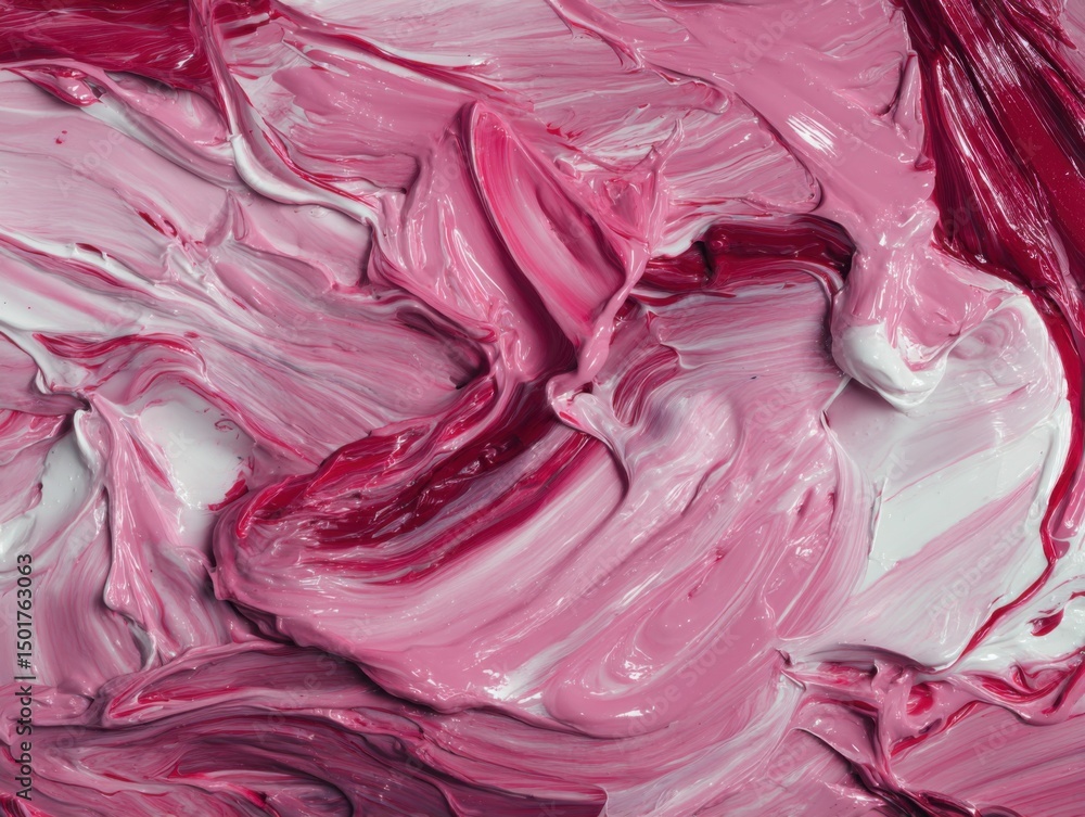 Poster abstract close-up of pink paint texture with white and red swirls from above for artistic background