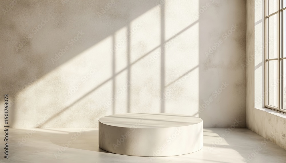 Poster minimalistic white room with authentic white cylinder pedestal podium and window shadow effect: idea