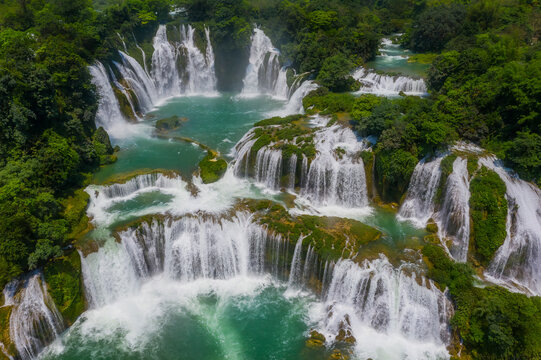Aerial view of Ban Gioc Detian Falls along the Quay Son River on the Karst hills of Daxin County, Guangxi, China.