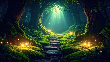 Magical forest path with sunbeams and glowing orbs, green moss covers old trees