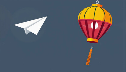 Obraz premium Paper airplane and lantern illustration on a grey background with creative design elements