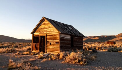 Dilapidated wood cabin sits sunlit in a desolate, arid landscape