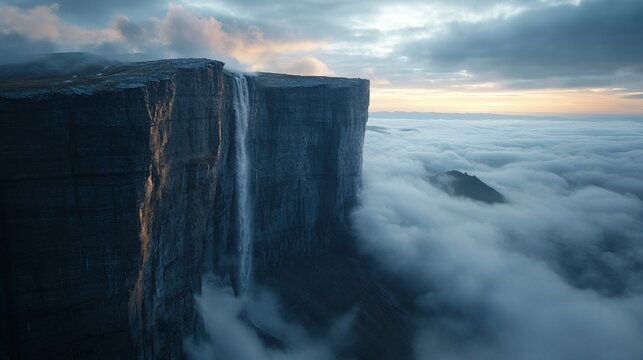Dramatic view of tepui with waterfall and surrounding clouds, a landscape of pure beauty
