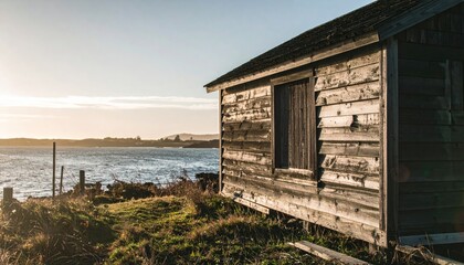 Weathered shack on coast, aged wood in sunlight, water background