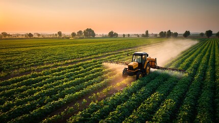 Tractor spraying pesticides fertilizer on soybean crops farm field in spring evening, smart farming technology and sustainable advanced agriculture practices