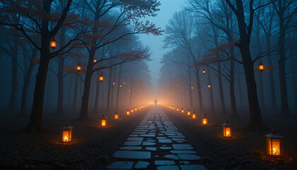 Mysterious pathway illuminated by lanterns in a foggy forest at twilight