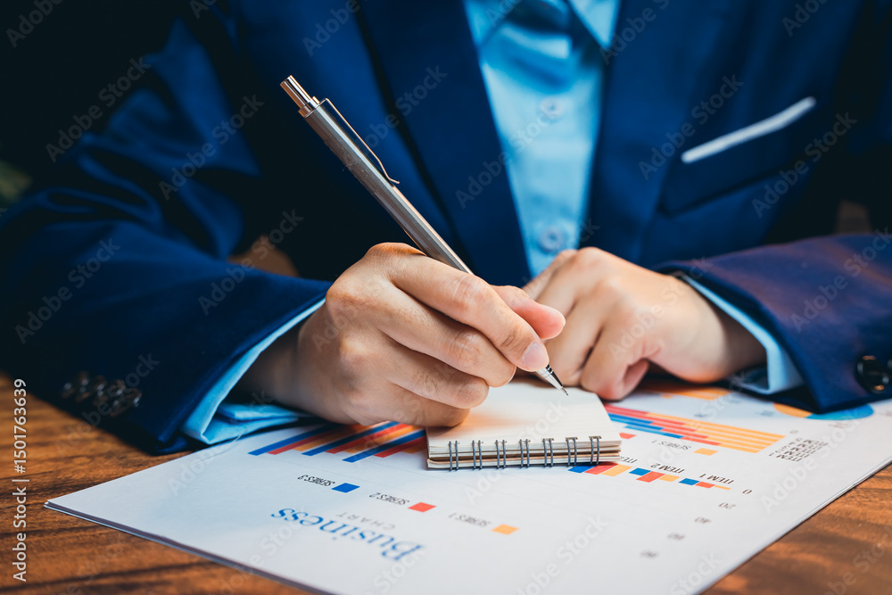 Poster business professional analyzing financial data and making notes in a notebook at a desk with graphs