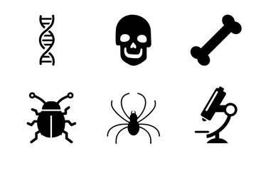 Forensic Science Icons with DNA, Skull, Bone, Insect, Spider, and Microscope Symbols
