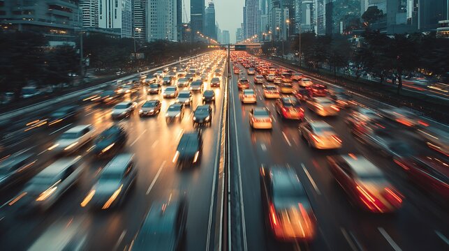 The motion blur of a busy urban highway during the evening rush hour, the city skyline serves as the background, illuminated by a sea of headlights and taillights