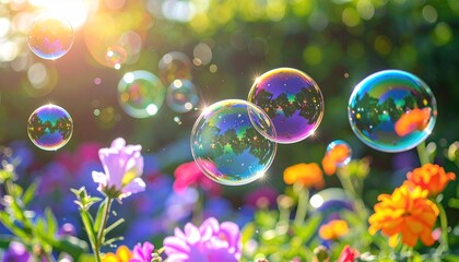 Floating bubbles over a vibrant garden scene, shimmering in the sunlight