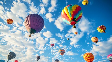 Colorful hot air balloons floating in a vibrant blue sky.
