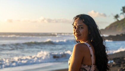 Woman gazes back on black sand beach at sunset, ocean waves and a cliffside backdrop