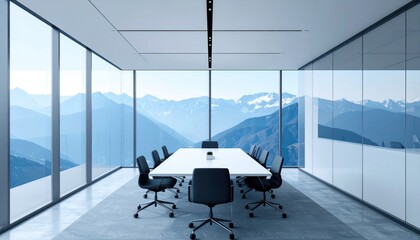 Modern conference room, large windows overlook snow-capped mountains