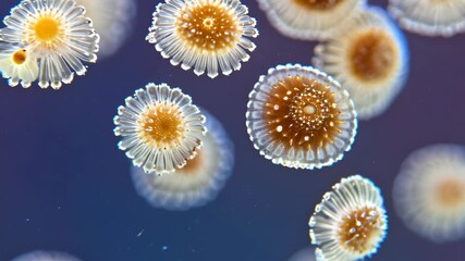 Microscopic rosette-shaped life forms float in dark fluid with delicate clear structures and orange centers. Delicate formations creating abstract aquatic imagery.