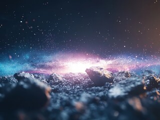 Exploring cosmic landscapes stars and rocks in a galactic setting universe digital art sci-fi low angle view