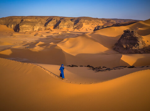 Djanet, Algeria - 06 November 2018: Aerial View of Berber people in the Sahara desert, Djanet, Algeria, Africa.